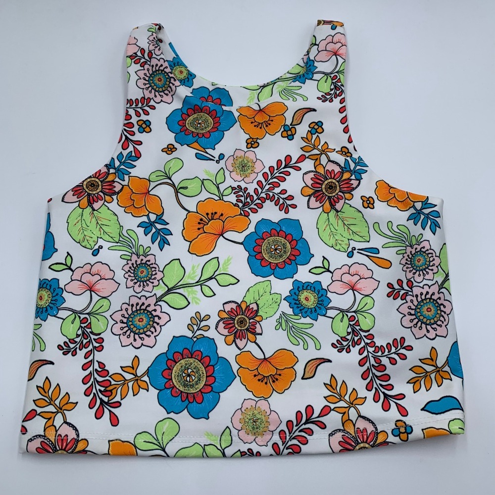 Becca Crop Top Women‎ Small White Floral High Neck Swim Active Sleeveless